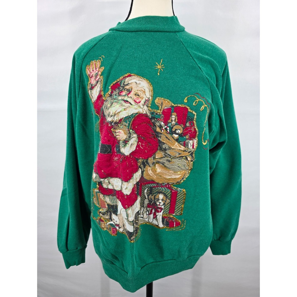 Vintage Green Santa Claus Christmas Sweatshirt XL Embroidered Holiday Graphic